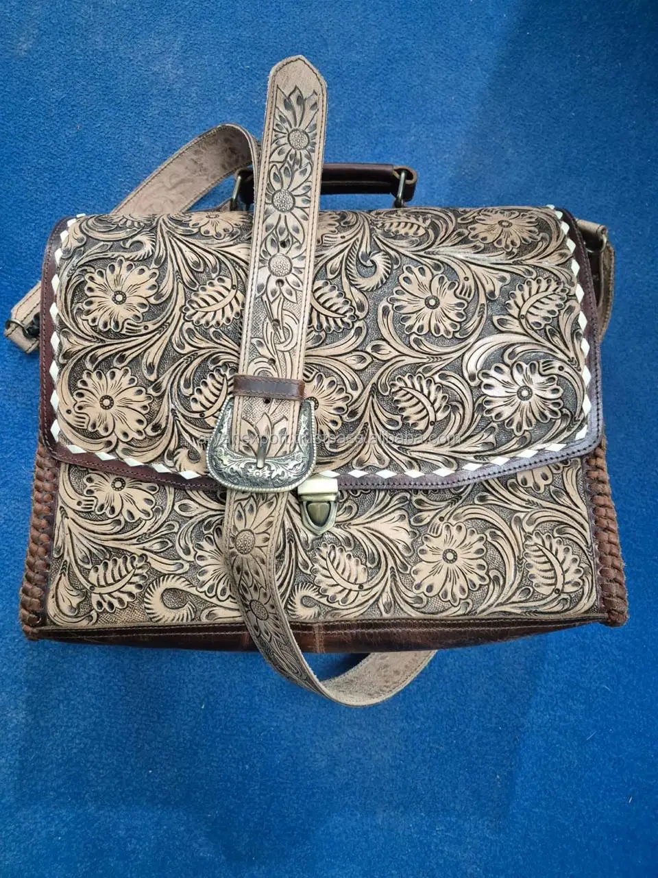 New Western Hand Tooled Leather Buck Stitch Briefcase Bags Genuine Leather Women Work Bags
