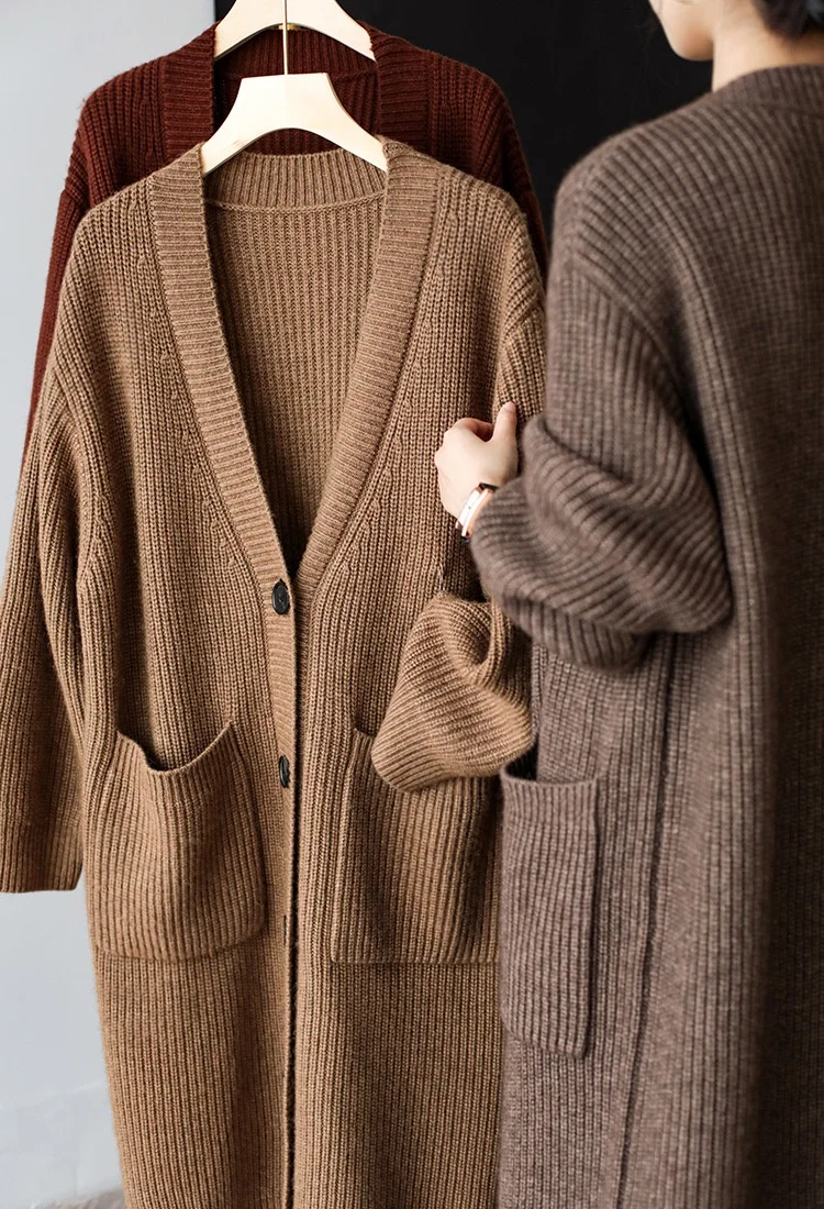 New Ladies Oversize Winter Sweaters Cardigans Single Breasted Long Woolen Coats Big Pockets Solid Knitted Cardigan for Women