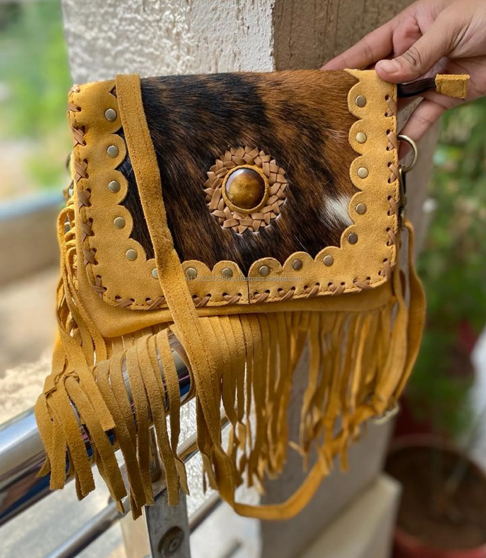 Source New Western Style Hair On Hide Fur Suede Leather Fringe Bag