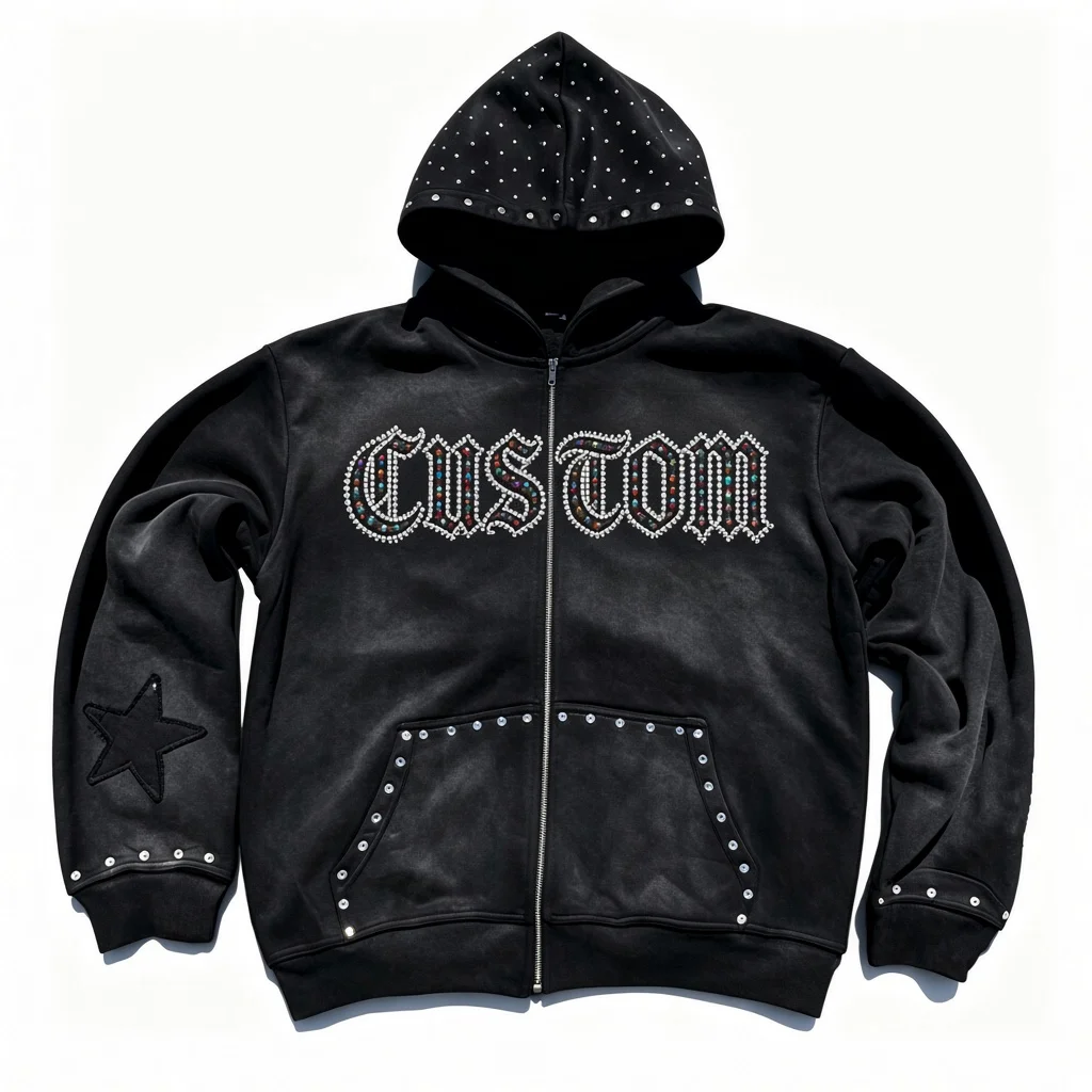 Custom Oversized Black Zip Up Hoodie With Rhinestone 100% Cotton Soft Fabric Vintage Style For Unisex Comfort Wear