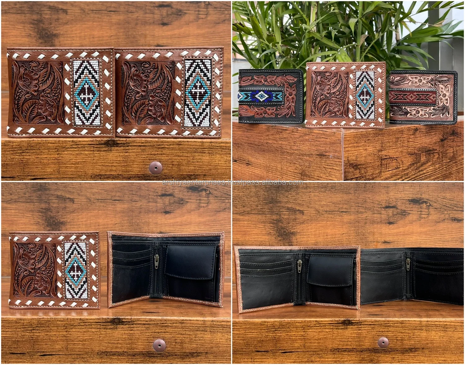 Customizable High Quality Hand Tooled Leather Beaded Wallets Large Capacity Bifold Slim Short Men's Wallets Hold Cash Coin ID