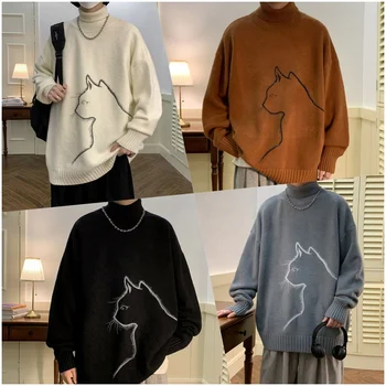 Wholesale new winter pullover men crew collar knit pullover men soft warm cat pattern custom sweater top for men