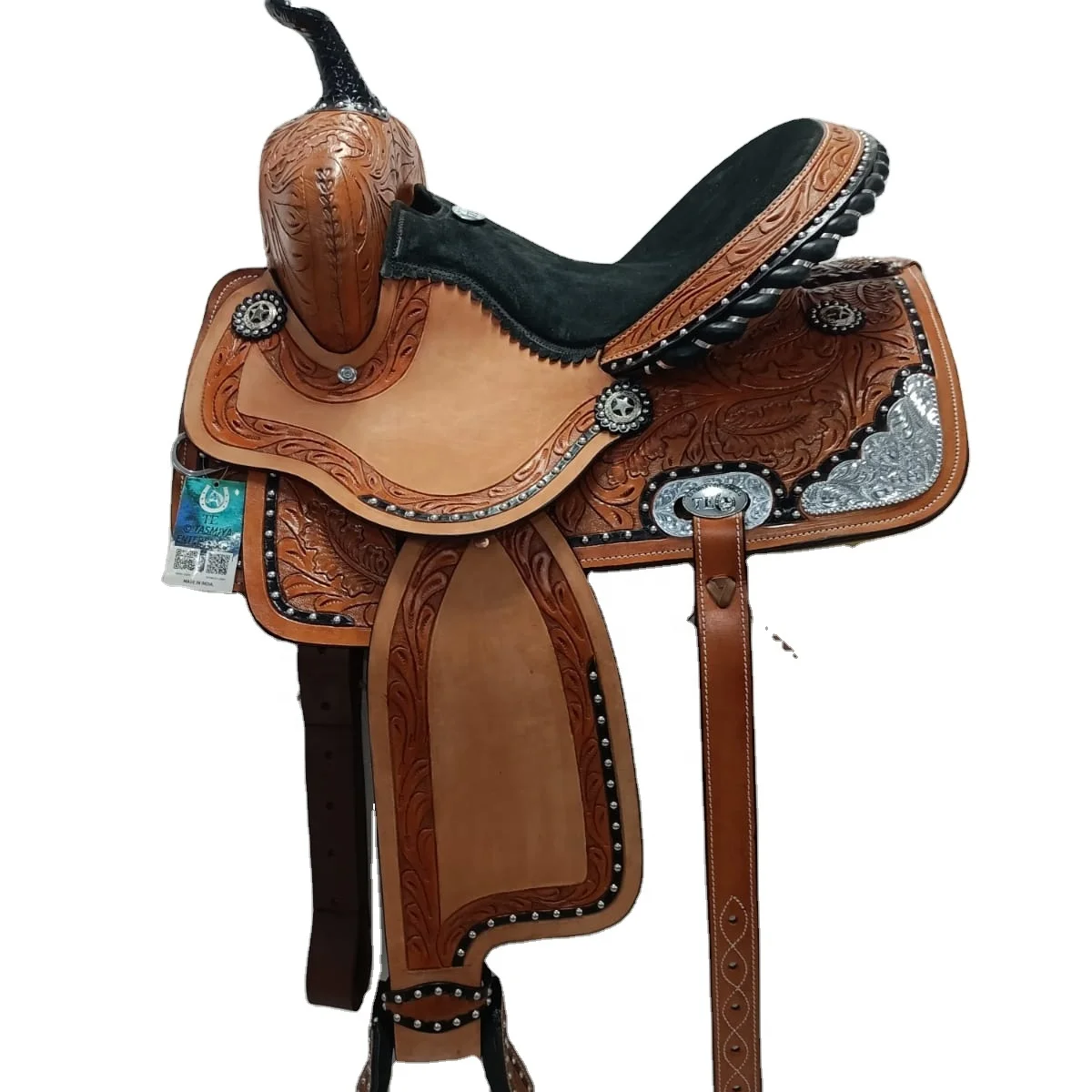 Barrel Horse Western Leather Saddle With Matching Set And Back Cinch