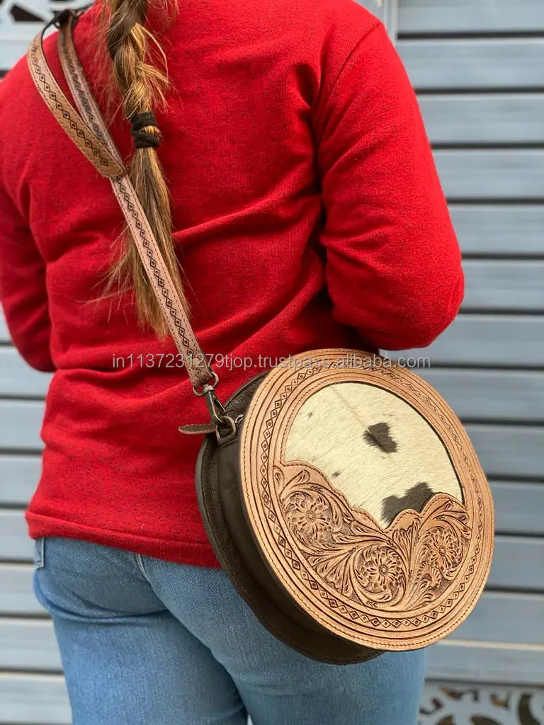 Handmade Tooled Carved Leather Canteen Bag Hand Tooled Round Handbag