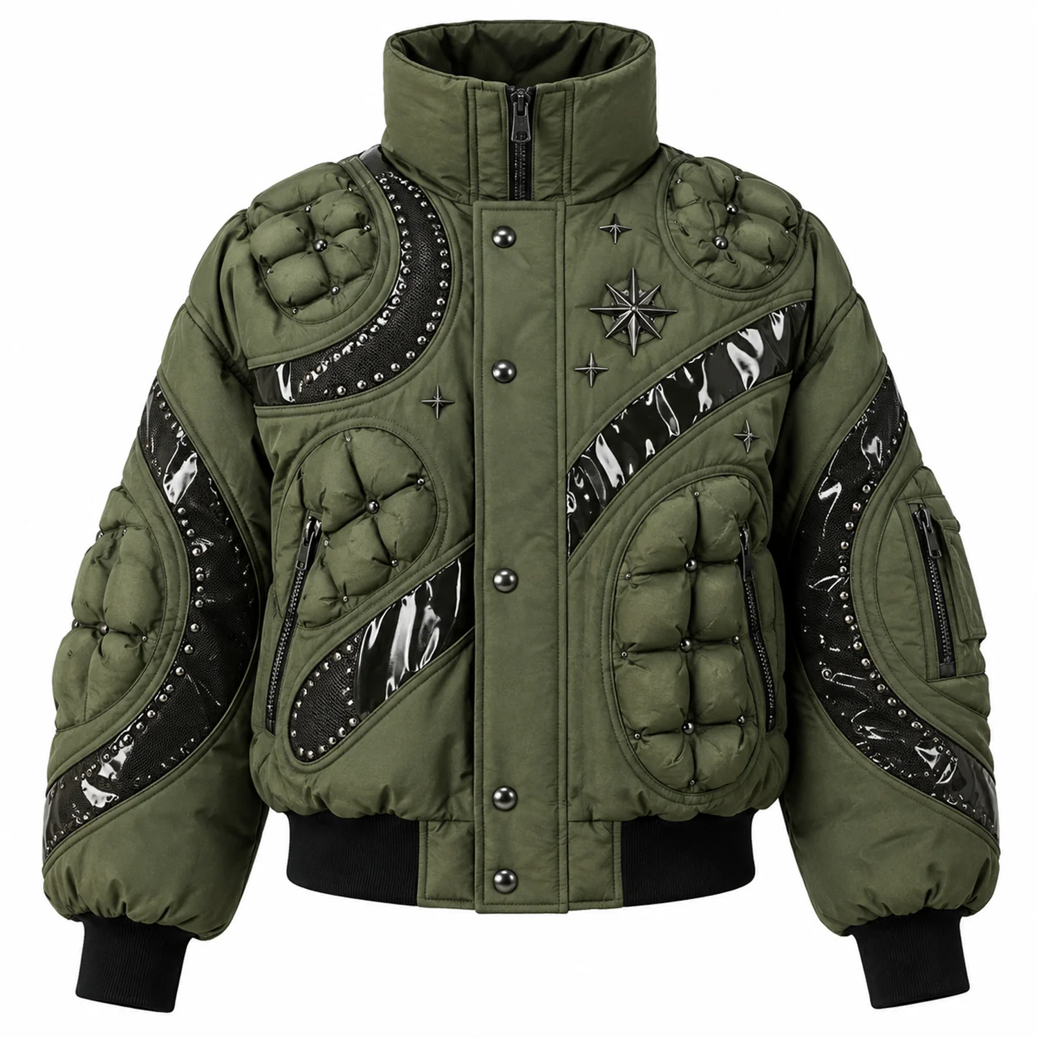 Custom Olive Green Puffer Jacket With Studded Panels And Compass Star Print Design Detail For Unisex Winter Wear