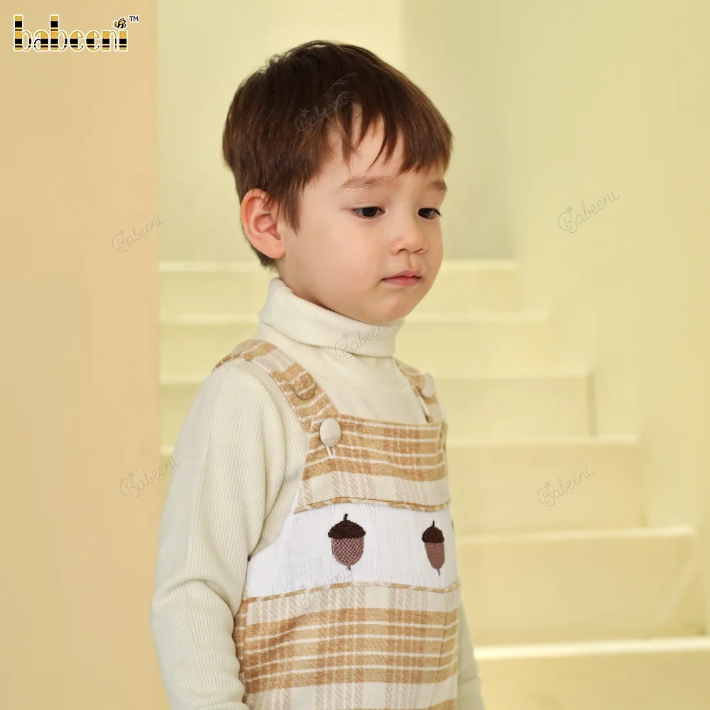 Plaid Wool Longall Boy Set with Smocked Panel and Ribbed Turtleneck ODM OEM boys clothing set wholesale baby romper - BC1340