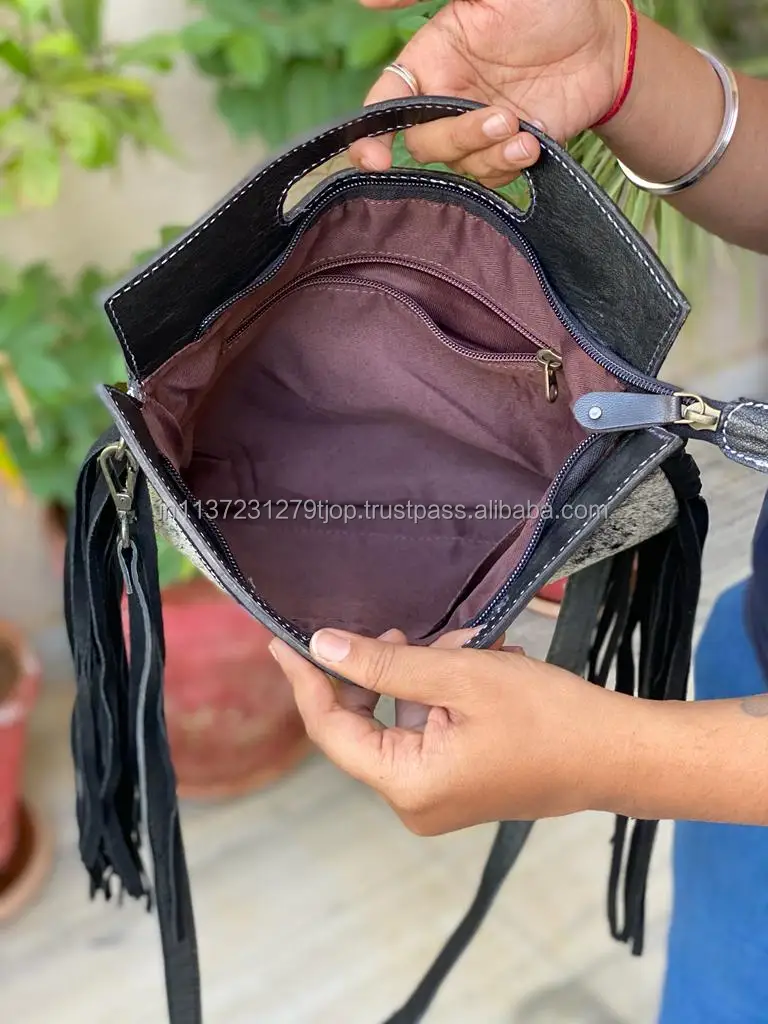 Real Cowhide Fur Leather Fringe Bag Women Tooled Carving Leather