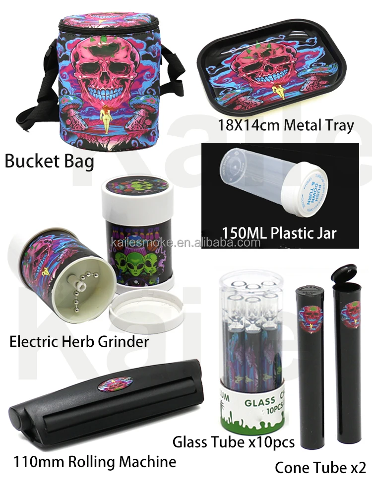 Smoke Shop New Fancy Bucket Bag Gift Metal Rolling Tray Smoking Set Electric Herb Grinder