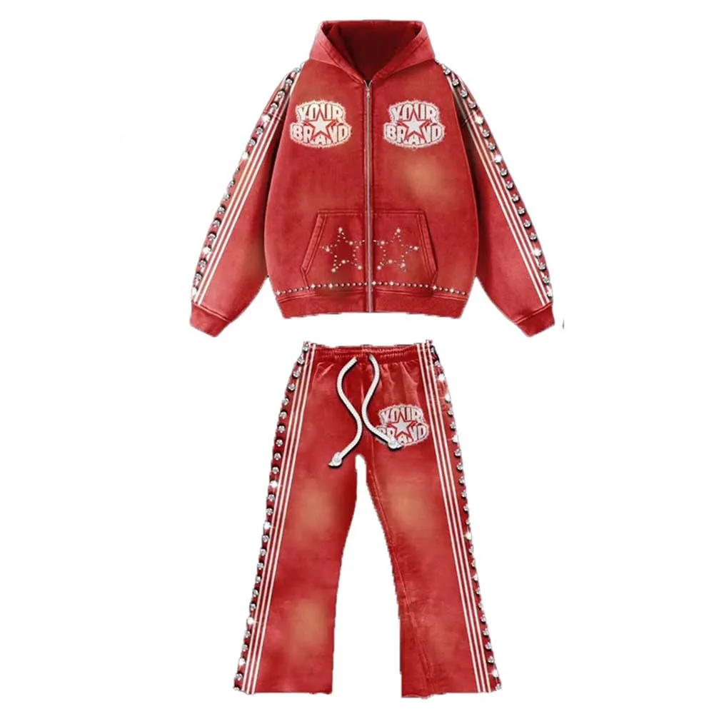Glory Custom Oversized Acid Wash Rhinestone Tracksuit 100% Cotton Soft Breathable Fabric Trending Look Sweat Pant For Unisex