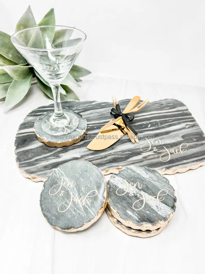 Elegant Custom Stone Coasters with Gold Trim Handmade Drink Mats for Tabletop Protection and Stylish Home Entertaining