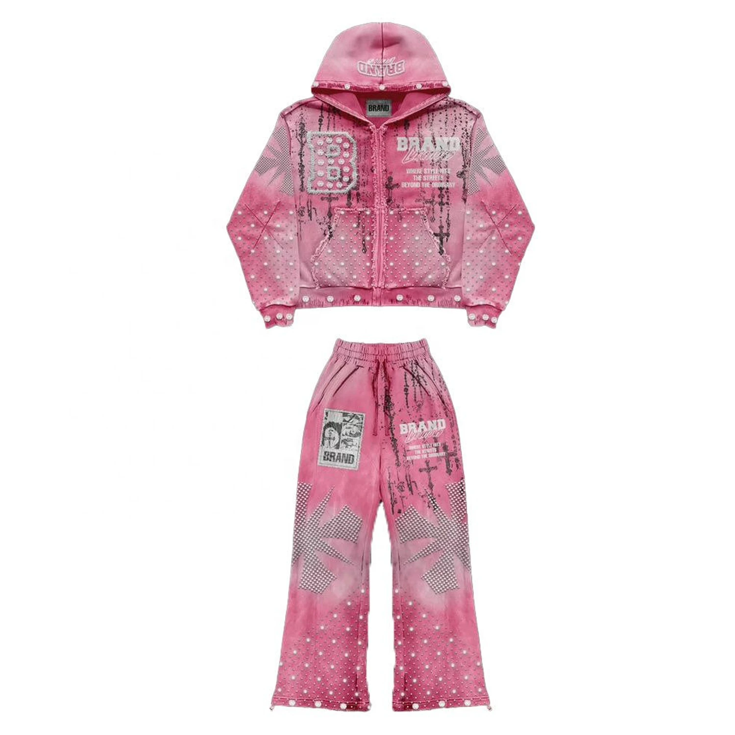 Glory Trending Custom Heavyweight Fleece Pink Y2K Tracksuit Men's Zip Up Hoodie Wide Leg Pants Rhinestone Detail Streetwear Set