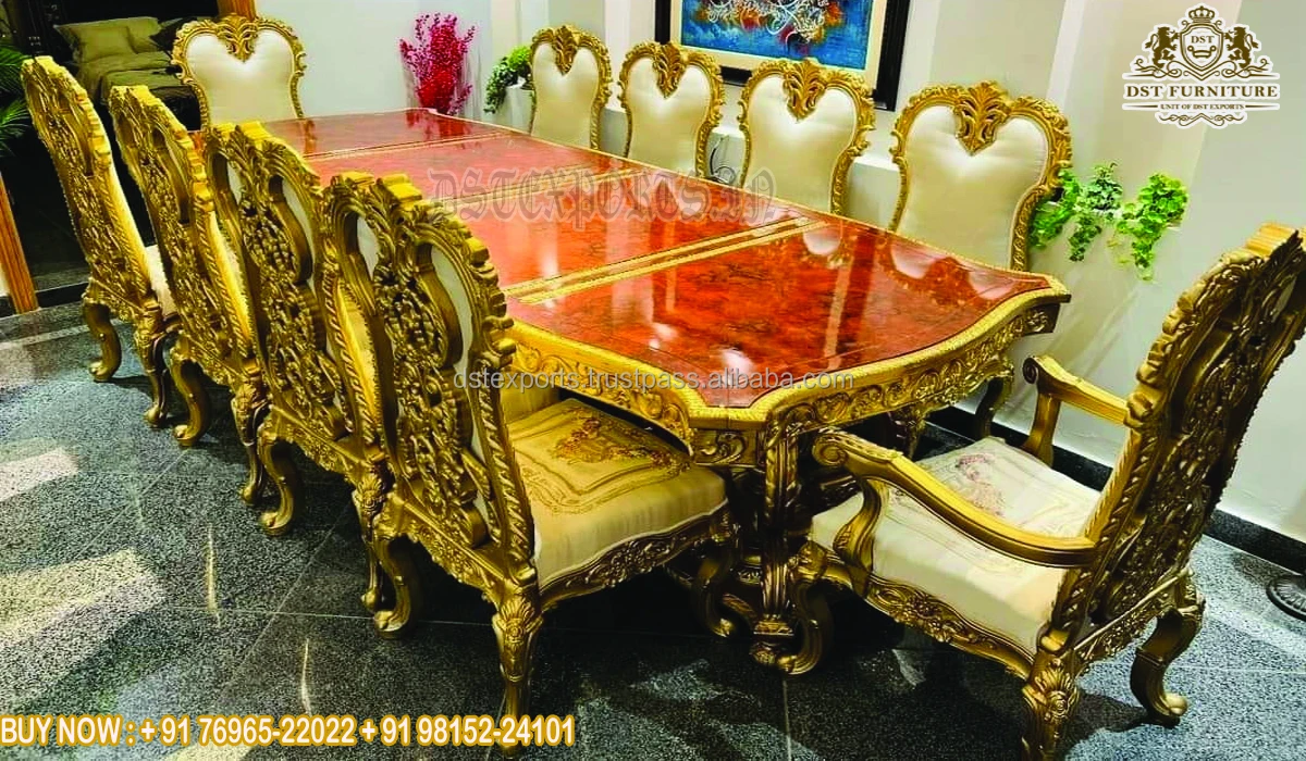 Victorian Style Gold Polished Dining Table & Chairs Premium Quality