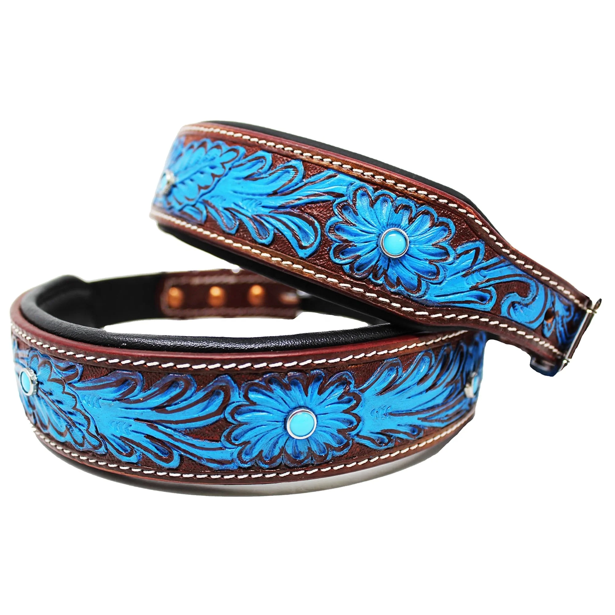 Cow Leather Western Style Soft Padded Dog Collar With Painted Floral