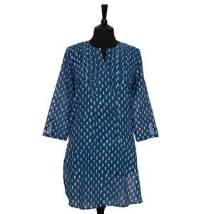 SALE Long KURTA TOP Style 3 Indigo with White Motif 100% Cotton Block Printed Pintuck Top For Women Gift For Her