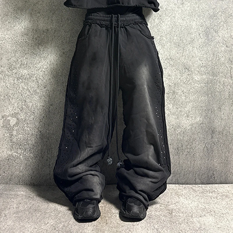 Glory Custom 100% Cotton Heavyweight Vintage Acid Wash Pants Distressed Raw Hem Oversized Stacked Baggy Rhinestone Sweatpants