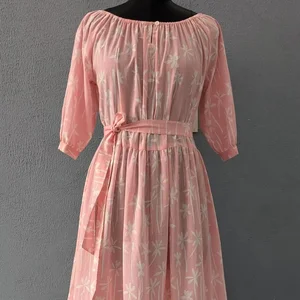 Hand Block Print Cotton Tier Summer Dress O-neck Long Sleeve Floral Print Cotton Maxi Dress For Women Gift For Her