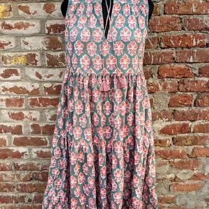 Hand Block Print Cotton Dress Women Cotton Tier Dress Mandarin Collar Sleeveless Floral Print Long Maxi Gown For Women