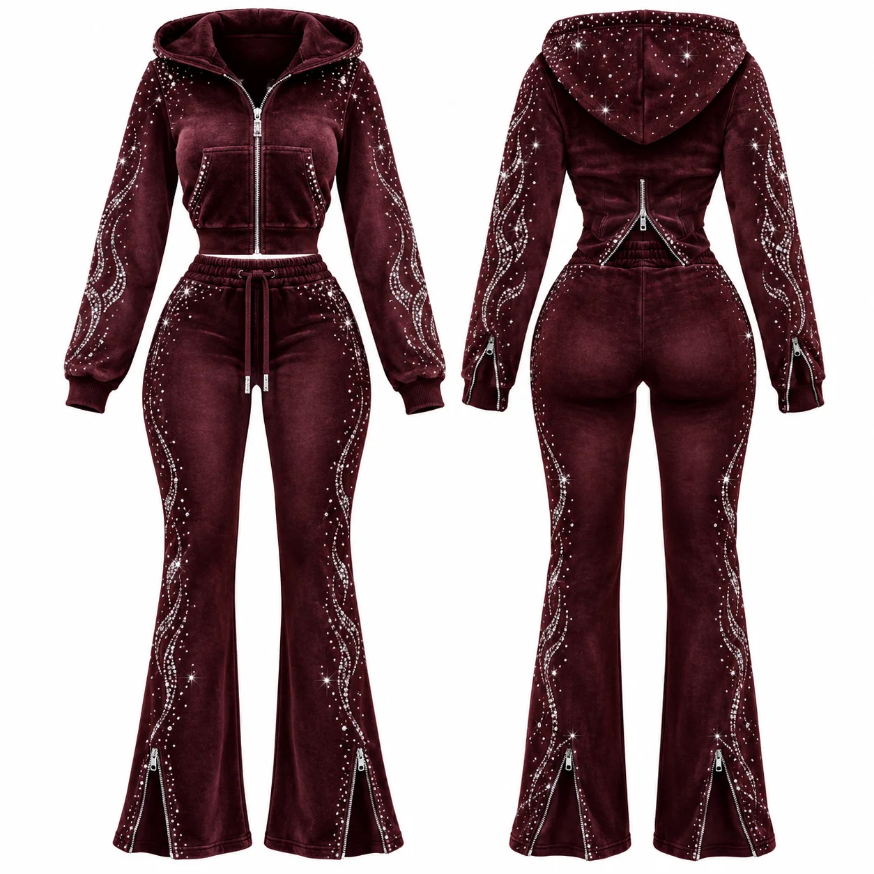 Custom Trendy Vintage Look Velvet Tracksuit Set with Cropped Zip Up Hoodie and Wide Leg Pants For Women Fashion Outfit