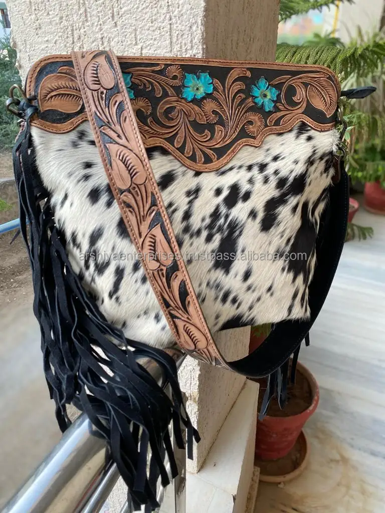 LEXI Hand Tooled Hideon Fringe Bag Crossbody Turquoise Hair on Hide hotsell Leather