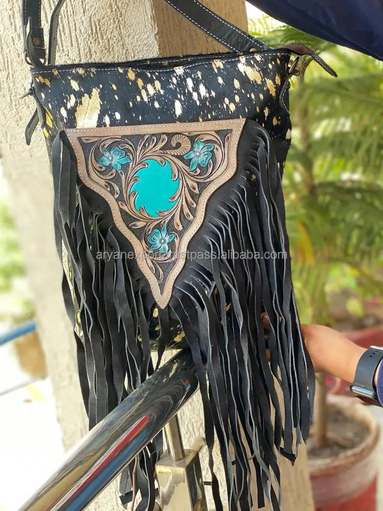 Vintage Boho Style Tooled Leather Fringe Handbag Metallic Fur Carved