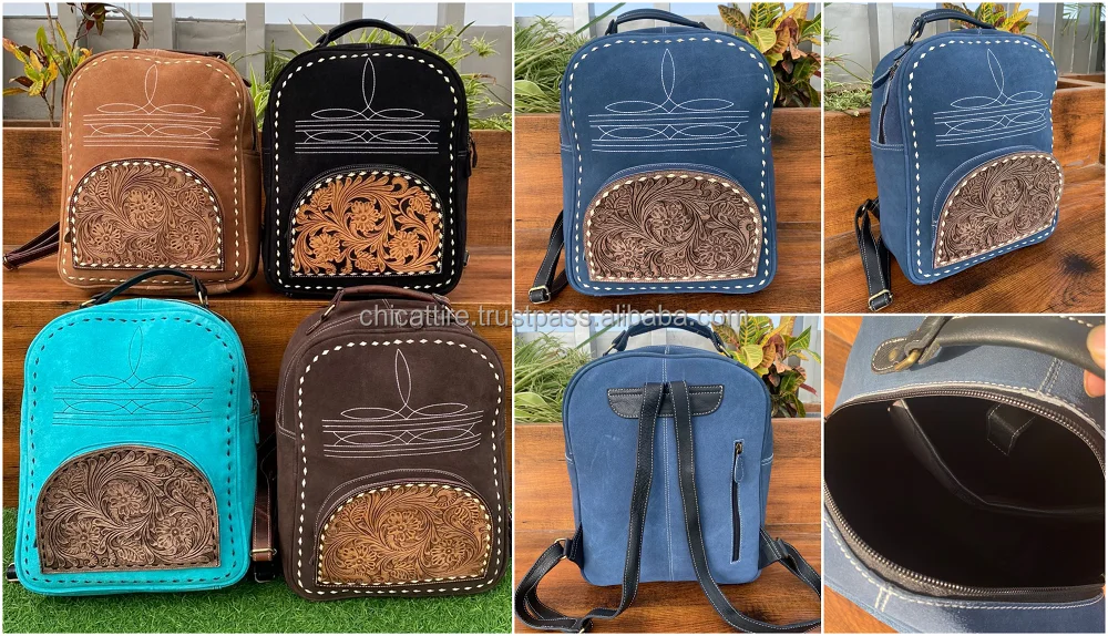 Hand Tooled Blue Suede Leather Boot Stitch Backpack Western Floral Concealed Carry Travel Luxury Cow Leather Laptop Backpacks