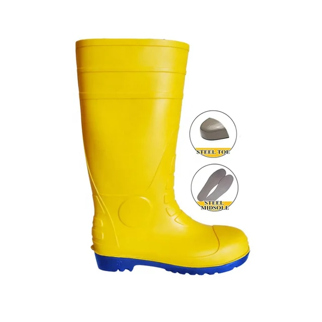 CE Oil Field Mining Mens Work Shoes Slip Resistant Yellow High Top Steel Toe Midsole Rubber Wellington PVC Rain Boots