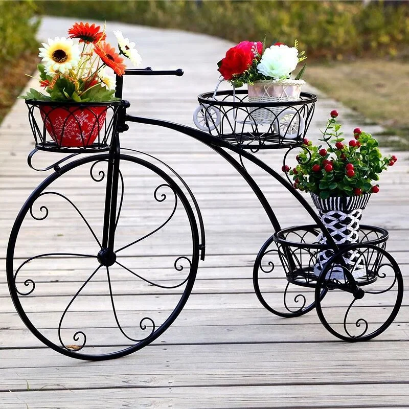 Black Galvanized Wrought Iron Tricycle Planter Stand Oem