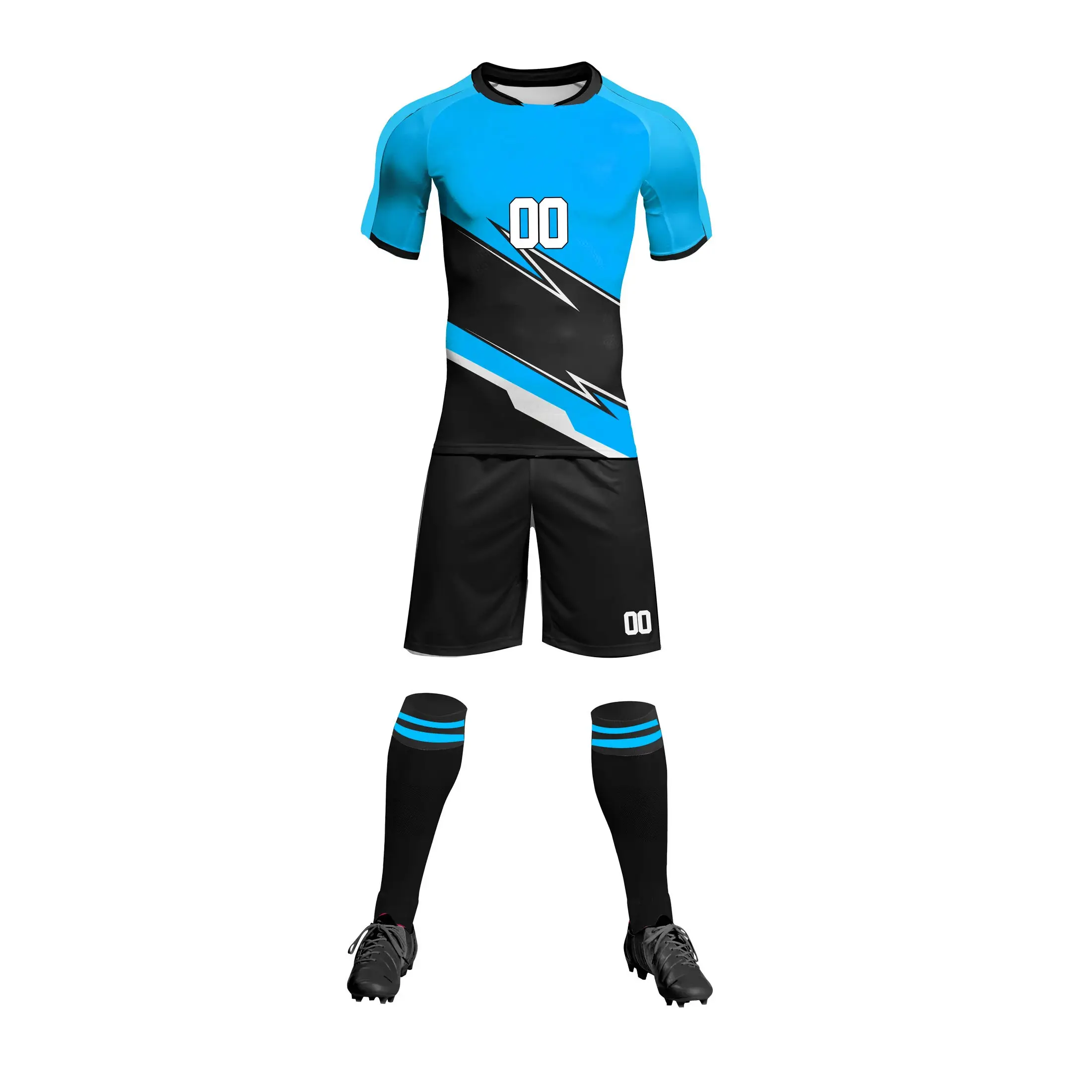 Custom Sublimated Soccer Jersey Set Men's Blue Black Short Sleeve Moisture Wicking Athletic Uniform with Team Numbers and Socks