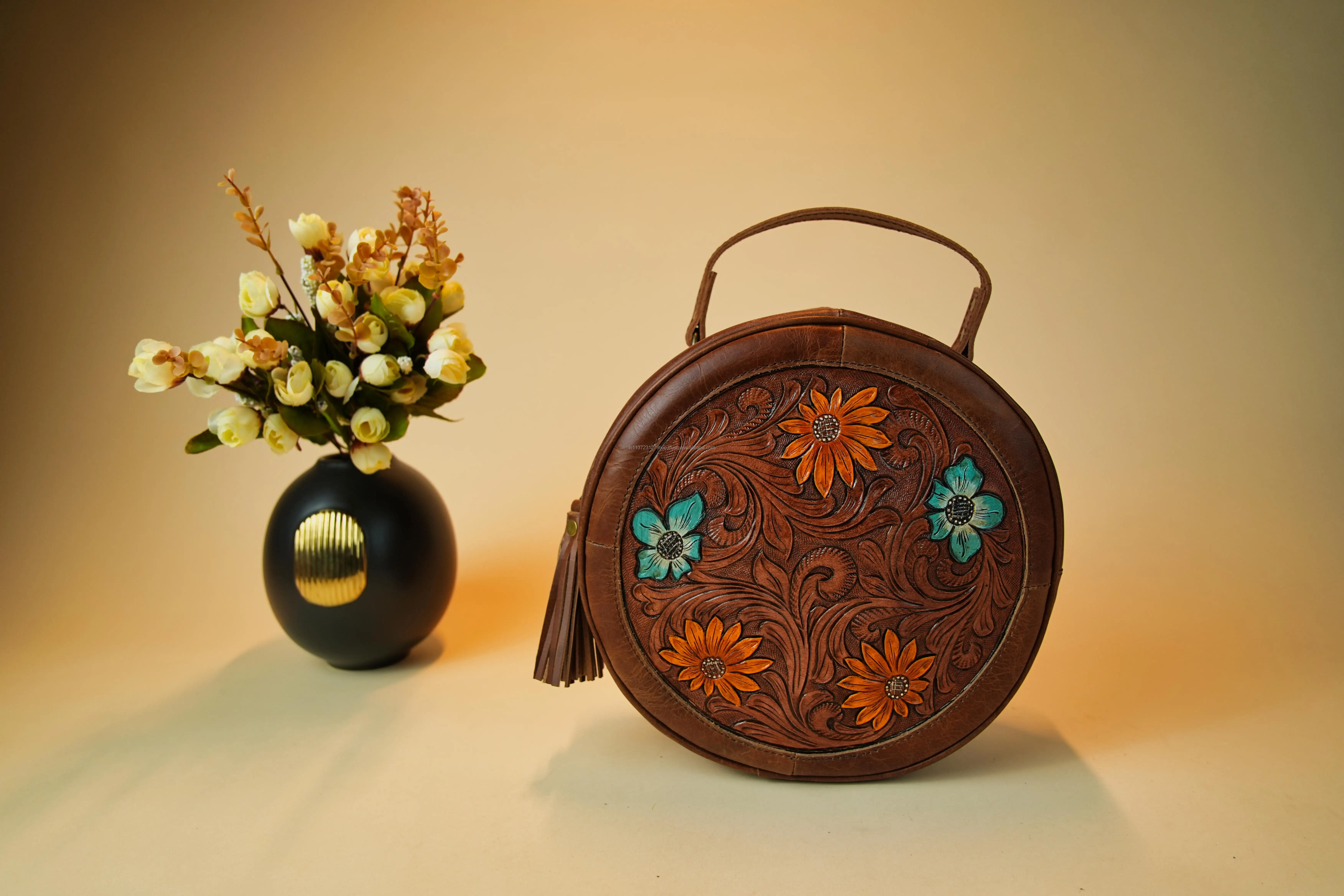 Stylish Western Style Tooled Leather Canteen Bag Handbag High Quality