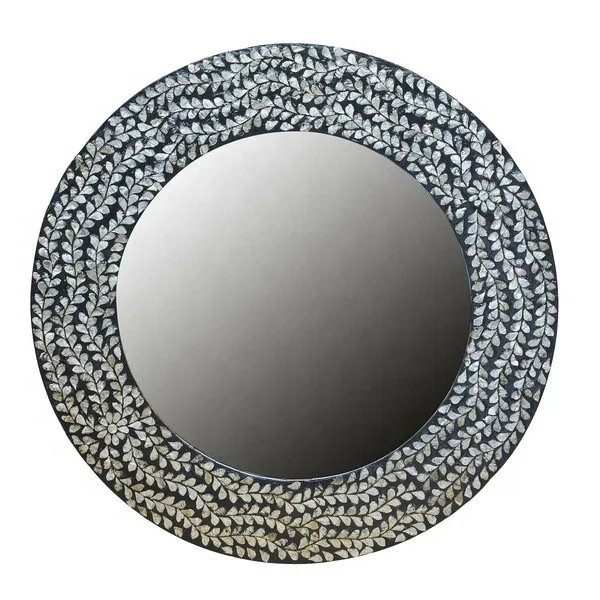 Contemporary Design Black Mother Of Pearl Inlaid Round Mirror Capiz