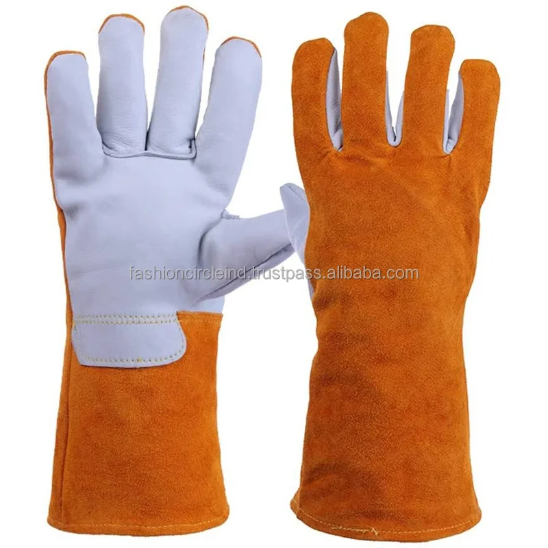 Custom Made Black Piping Red Welding Gloves/cheap Price Cow Split Leather Ab Grade 14 Inch
