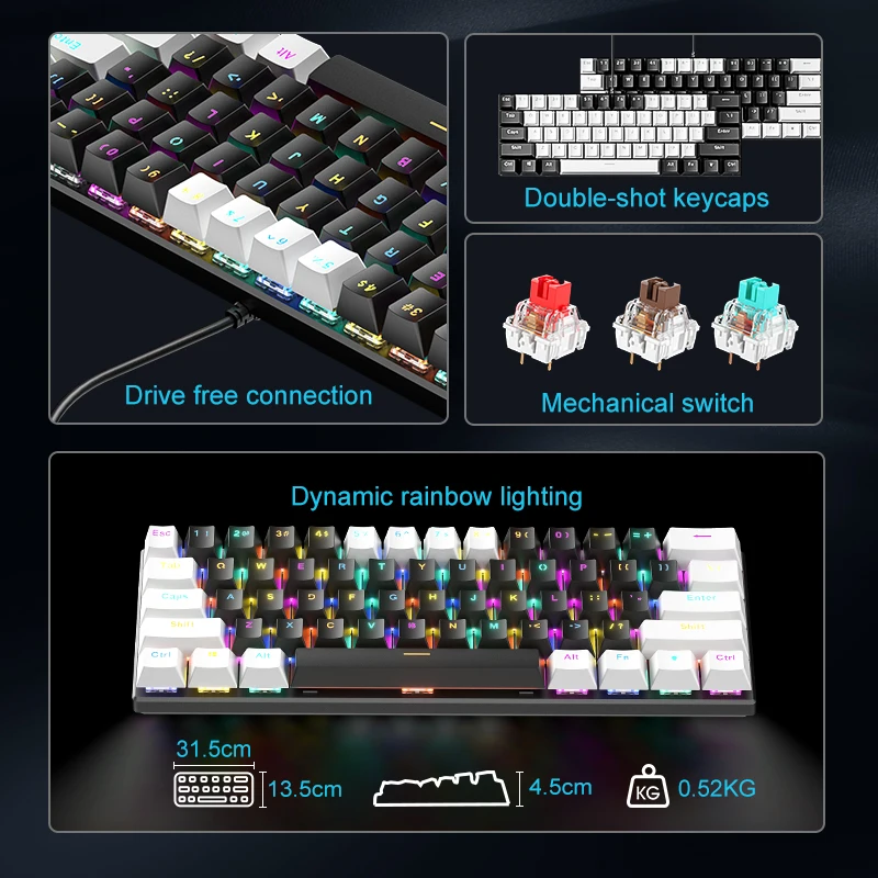 ZIFRIEND BD61S 61KEYS Mechanical Keyboard with RGB Backlight