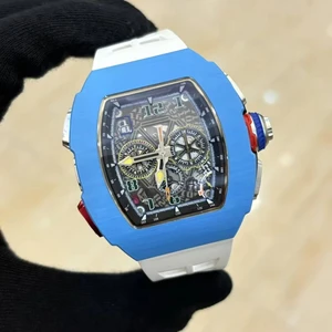 New Hot Selling Barrel-shaped Blue Carbon Fiber case with Rubber Strap Mechanical Watch Three-eye Design Casual Watches for Men