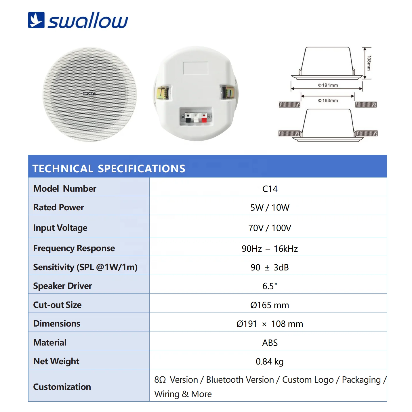 OEM Indoor Wireless for Bluetooth Ceiling Speaker for Home Theatre 70V 100V Metal Grille with Narrow Bezel Plastic Back Cover