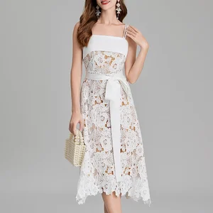 Spring/Summer Women's French Light Mature High-Quality Water-Soluble Lace Embroidery Splicing Waistband Large Swing A-Line Dress