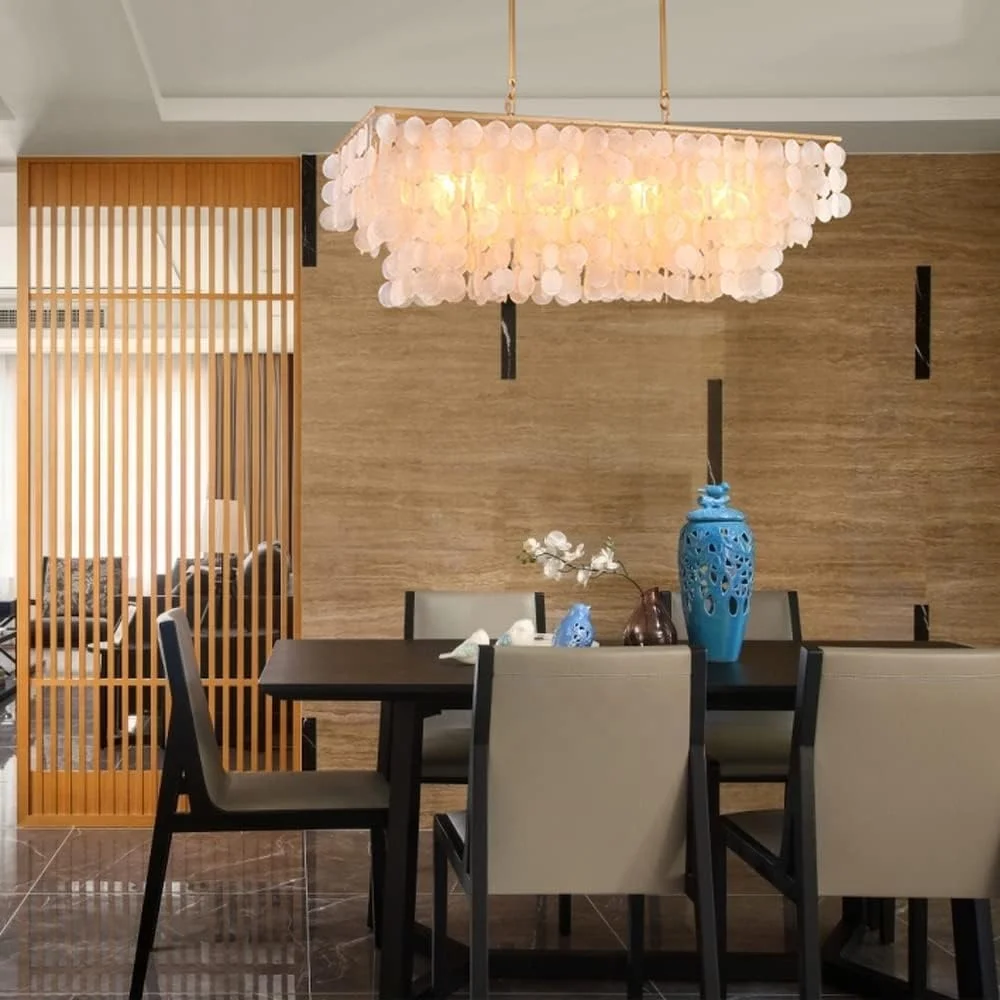 Rectangle Shell Chandelier Mediterranean Ceiling Lamp Natural White Color  Seashell Light Kitchen Living Room Bedroom Light, image size:1000x1000