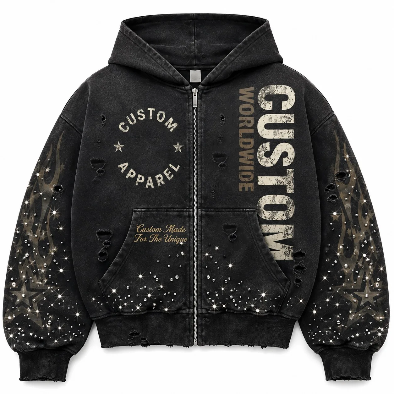 Custom Black Distressed Zip Pullover Hoodie Embroidered Rhinestone Star Flame Print Ripped Sweatshirt Street Style Jacket Unisex