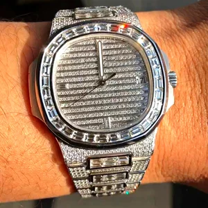 Wholesale Square Antique Business Yellow Gold Quartz Glass Iced Out Moissanite Watch | VVS Skeleton Luxury Presidential Design