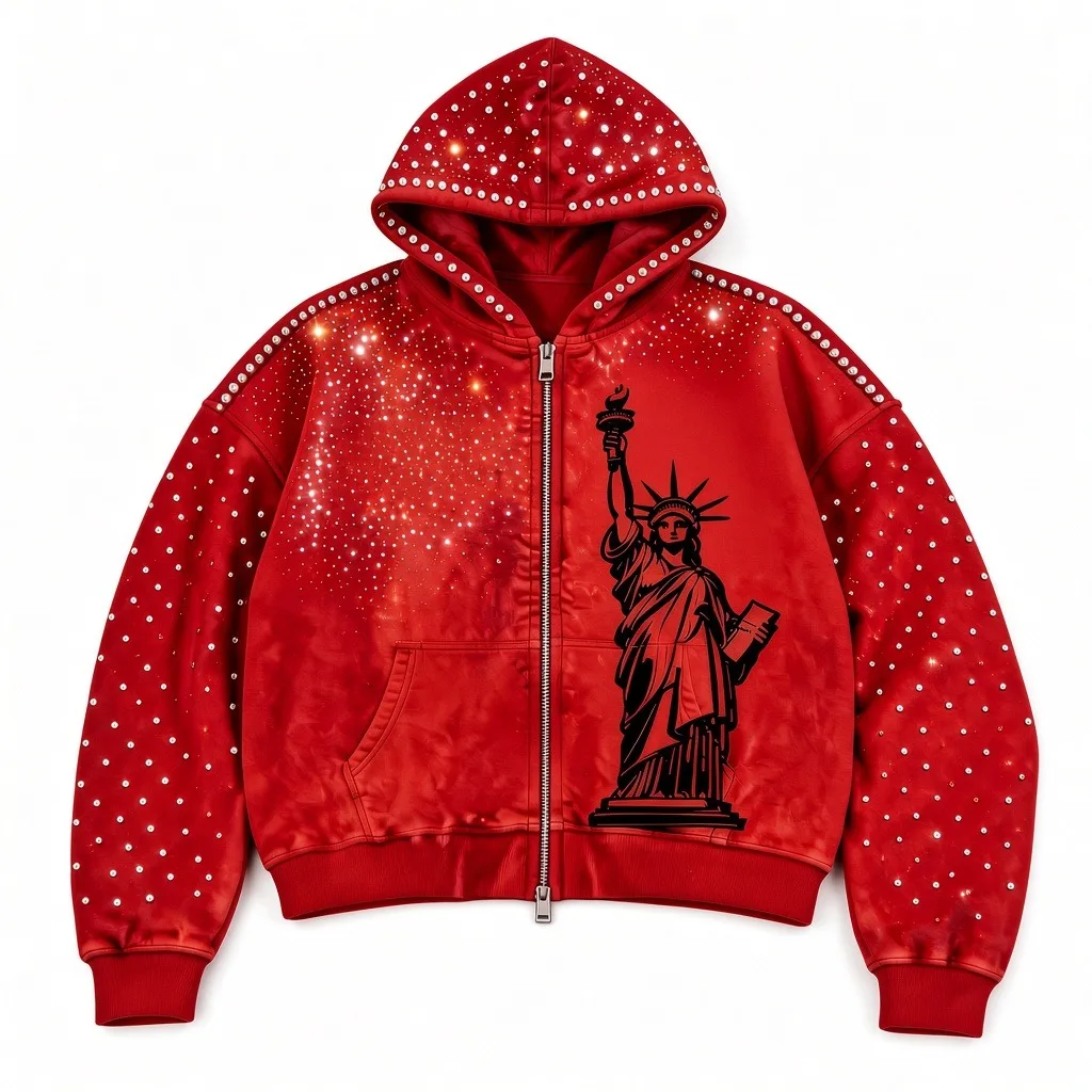 Custom Oversized Graphic Printed Zipper Hoodie With Rhinestone 100% Cotton Soft fabric Vintage Style Hoodie For Unisex Wear