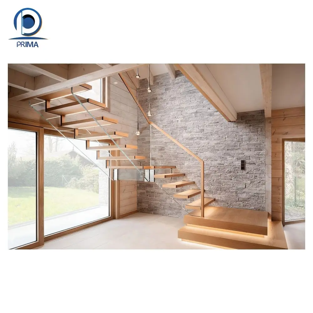 Prefab floating staircase modern carbon steel mono beam beech/oak wood ...