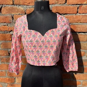 Hand Block Printed Cotton Blouse for Women Summer V-Neck Tank Top with Embroidered Casual Party Wear V-neck Top