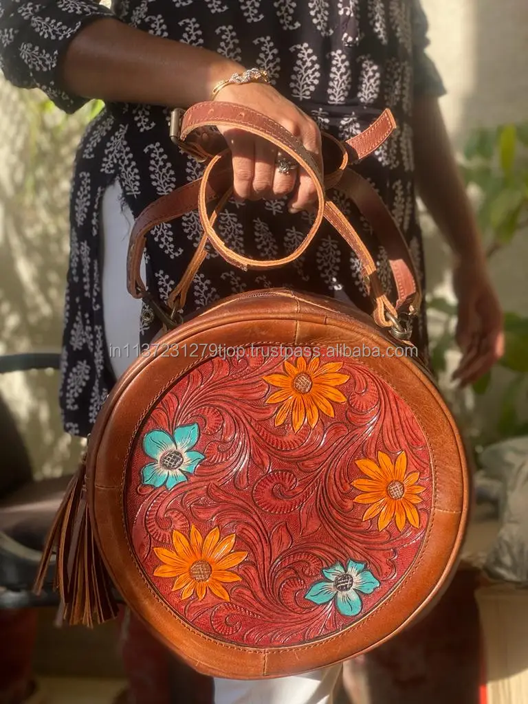 Stylish Western Style Tooled Leather Canteen Bag Handbag High Quality