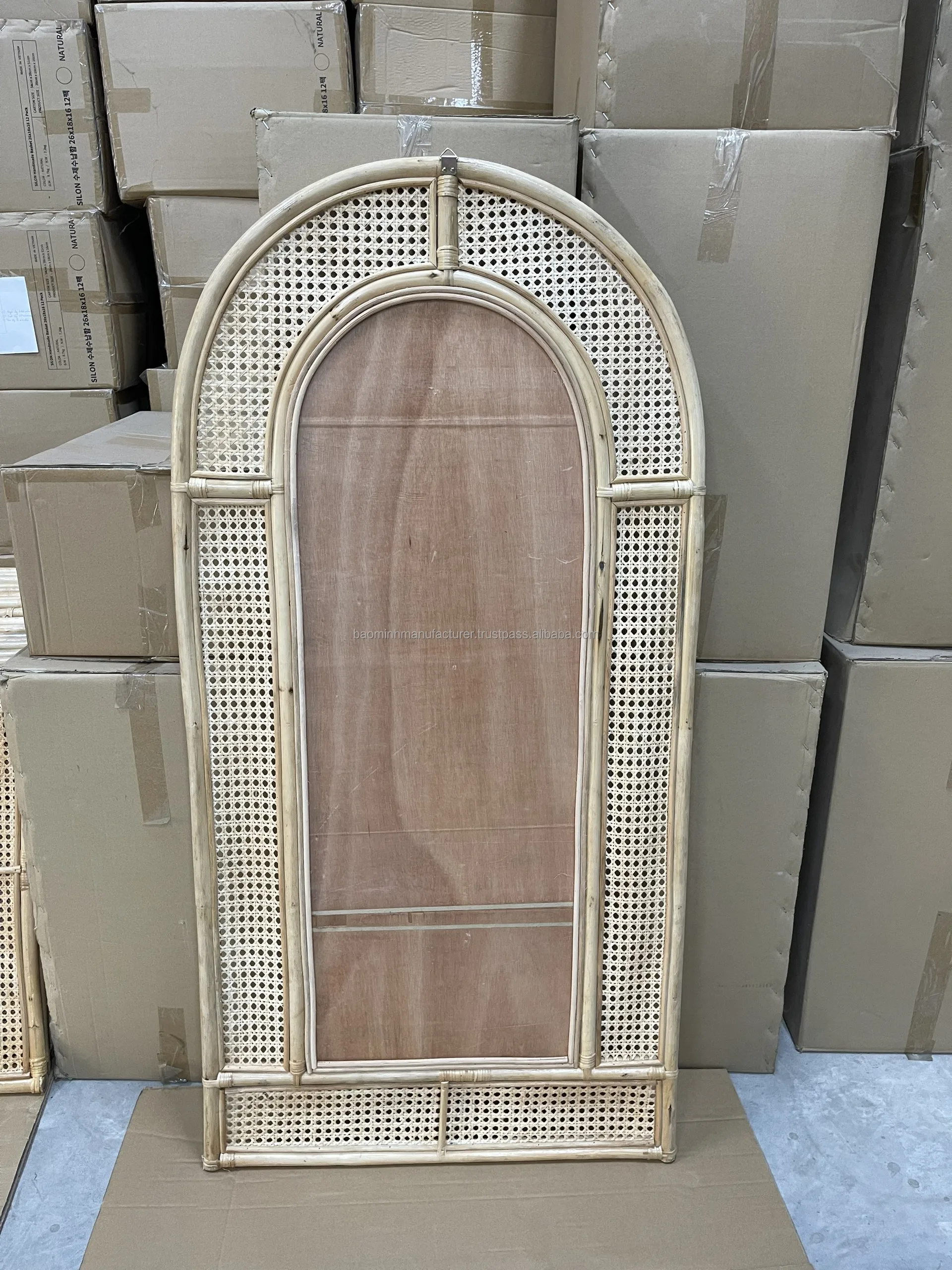 Rattan Arch Mirror With Shelf,Square Knitting Rattan Mirror,Cane