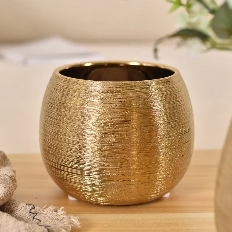 Nordic Display Ceramic Flowerpot Plant Vase Gold Plated Wire-drawing for Living Room Decoration
