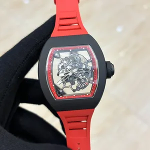 New Trendy Sporty Skeletonized Watch Black Carbon Fiber case Red Rubber Strap High-end Men's High-quality Analog Automatic Watch