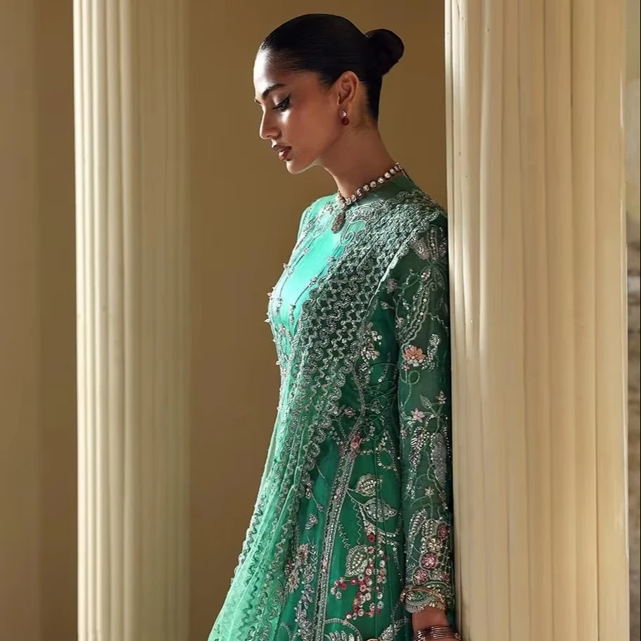 mint green pakistani dresses Premium Anarklai Dress Sage Pastel Floor Length Long Maxi With Delicate Floral Threadwork Sequin Detailing Pastel green