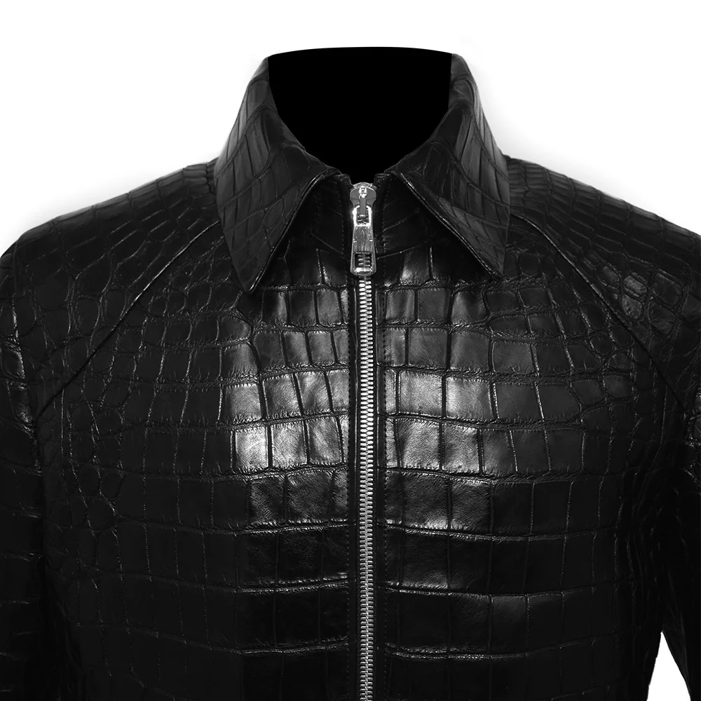 Black Alligator Leather Jacket for Men - Cow Skin Crocodile