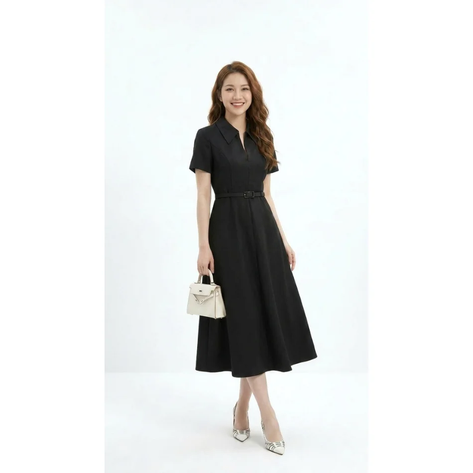 Elegant Women Office Midi Dress With Belt Short Sleeve A Line Black Formal Dress High Grade Women Dresses