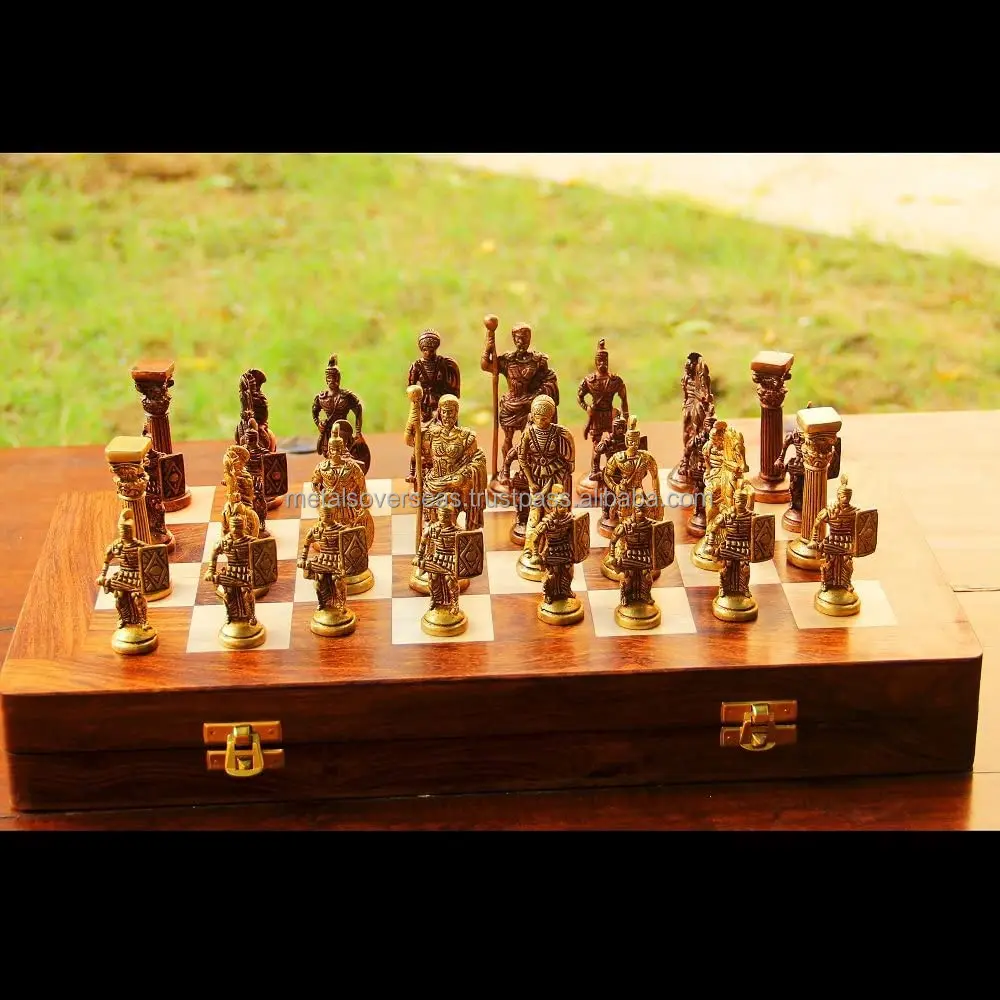 Premium Roman Chess Set with Brass Sculpted Pieces in Ancient Roman Style and Wooden Board for Kids Professionals and Adults
