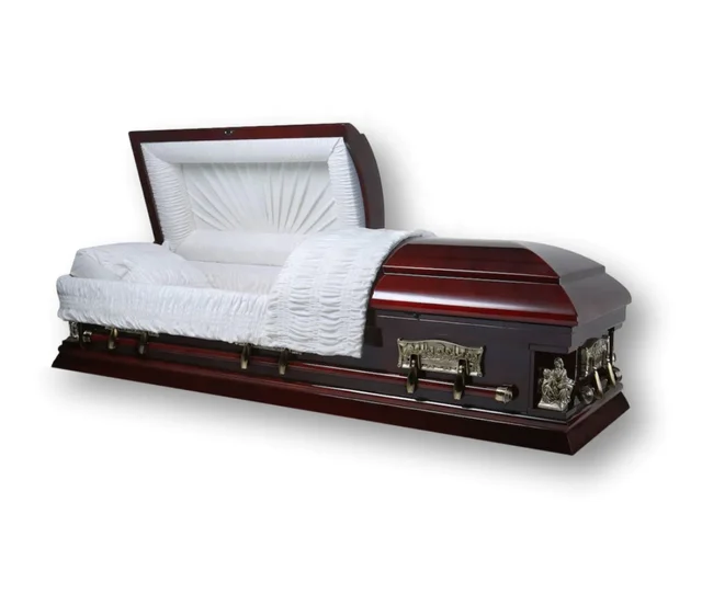 America Solid Wood Casket Cherry Finish  Ivory Velvet Interior Wooden casket and coffin funeral box Cremation urns casket bed